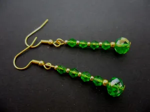 A Pair Of Dangly Green Crystal Bead Gold Plated Earrings. .