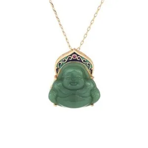 Chinese Jade Laughing Buddha Enamel Halo Gold Plated Chain Buddhism Necklace