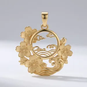 925 Sterling Silver Gold Plated Cherry Blossom And Waves Medallion Pendant Neckl