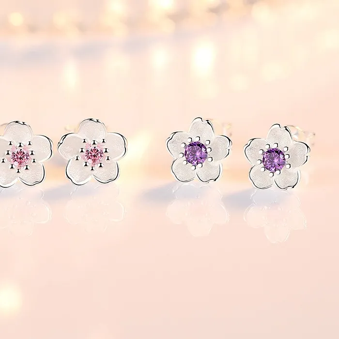 Authentic 925 Sterling Silver Cherry Blossom Flower Stud Earrings Pink Cz Inlaid Floral Earring Sweet Elegant Daily Jewelry