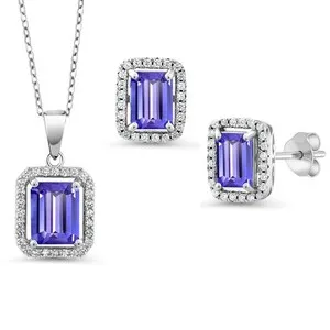 Authentic 9X7Mm And 8X6Mm Emerald Cut Gemstone Birthstone Halo Pendant And Halo Earrings