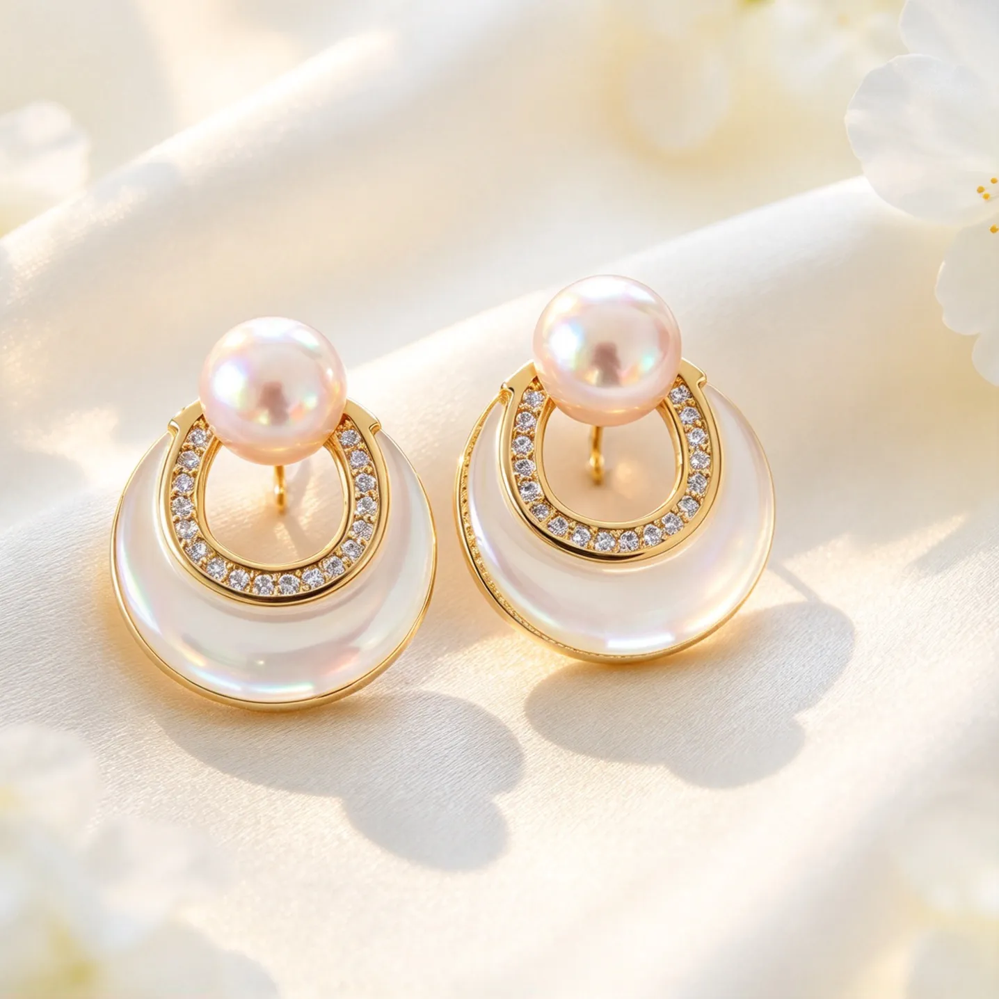 Authentic Radiant Luminescence Pearl And Geometric Gold Talisman Earrings