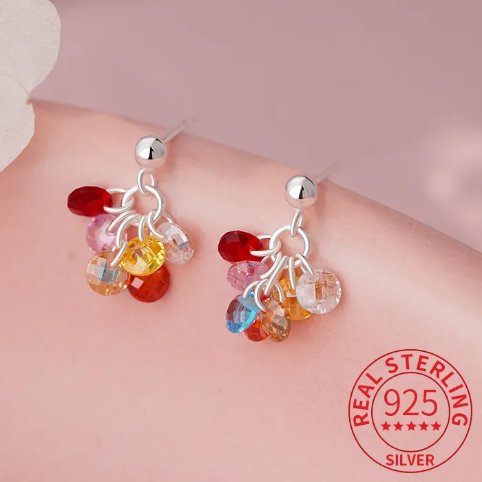 Authentic Real 925 Sterling Silver Colorful Zircon Grape String Stud Earrings For Fine Jewelry Daily Accessories