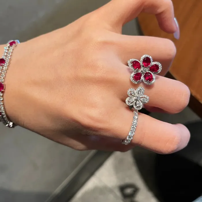 Authentic 925 Sterling Silver Colorful And Dazzling Ruby Ring, Grape Purple Zircon Sparkling Diamond Flower Opening Ring Jewelry