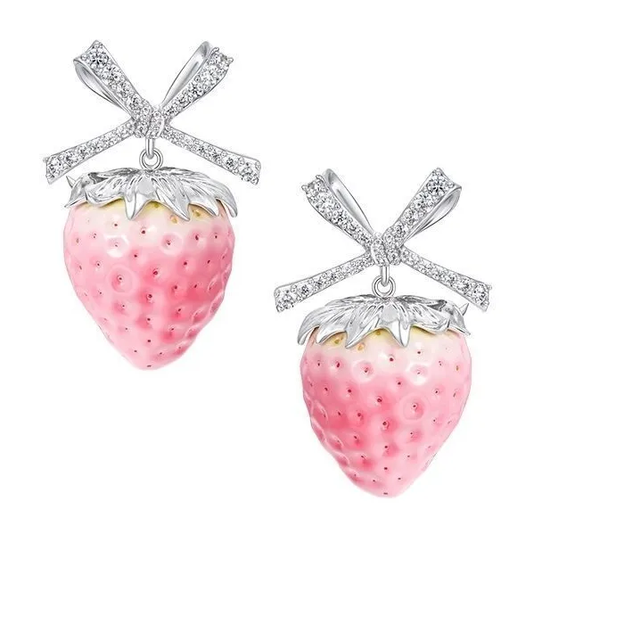 Authentic Strawberry Bow Earrings, Charming Berry Studs, Pink Jewelry For & Birthday