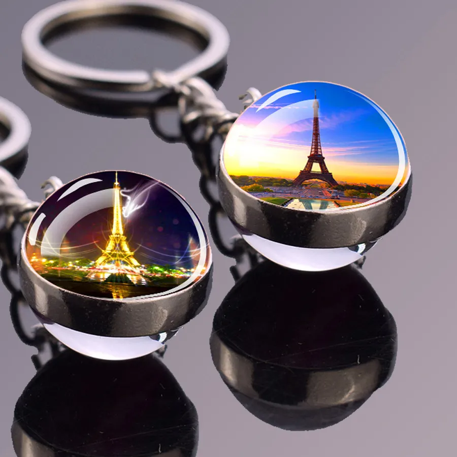 Authentic France Paris Eiffel Tower Keychains Double Side Glass Ball Pendant Key Chains Travel Souvenir Keyring Art Jewelry