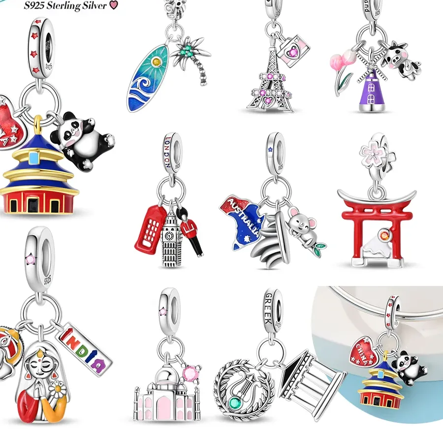 Authentic 925 Silver Charms Greek Temple Paris Tower London Big Ben Beads Pendant Fit Original Bracelet Diy Cultural Fine Jewelry