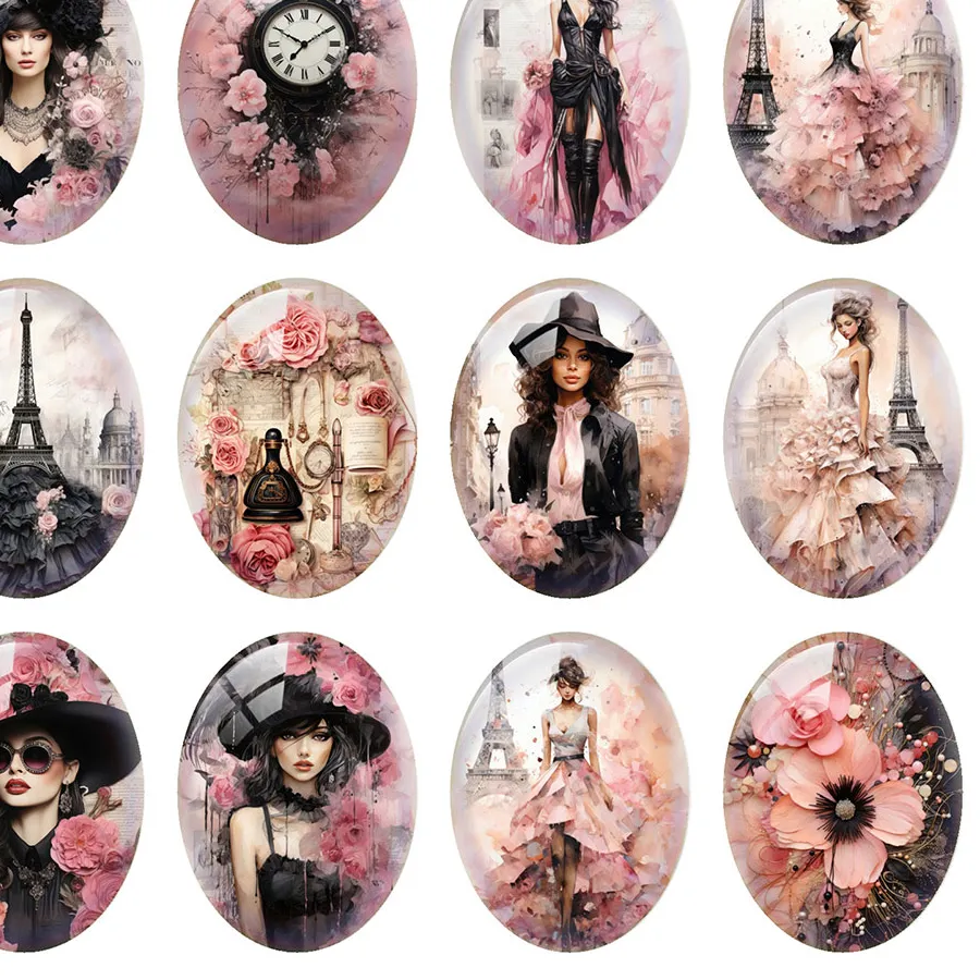 Authentic 10pcs/lot Gothic Black Pink Paris Tower Flower Fashion Girl Oval Photo Glass Cabochon Flatback Demo Cameo For Diy Jewelry Making