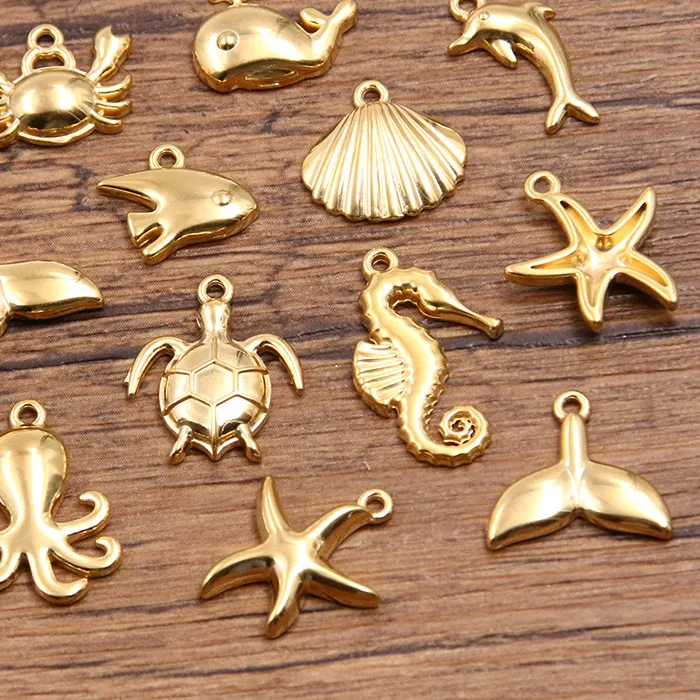 Authentic 5Pcs Mix Size Stainless Steel Ocean Series Pendant Shell Sea Star Dolphin Animal Pendant DIY Necklace For Jewelry Making