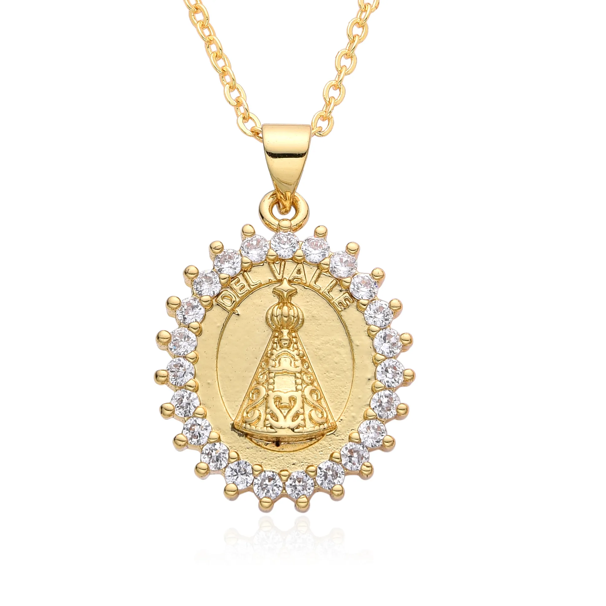 Authentic Gold Color Oval Virgen del Valle San Judas Charms Cubic Zirconia Guadalupe Necklace for Women Choker Pendant Diy Jewelry