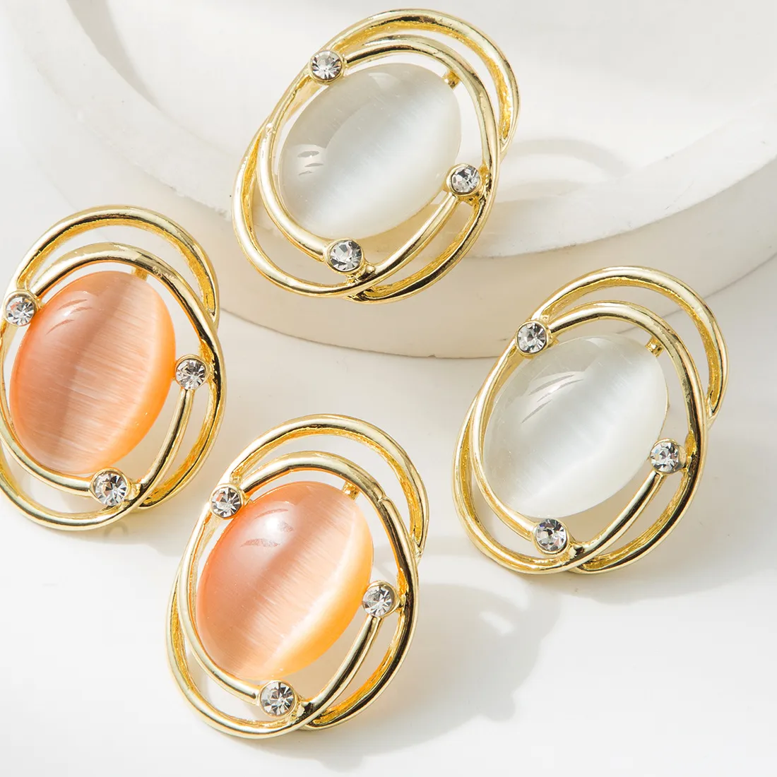 Authentic Opal Ellipse Earrings Dual- Ring Gold Talismans Of Emotional Clarity