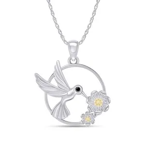 Authentic Round Hummingbird With Flower Pendant 18 Necklace In 925 Sterling Silver