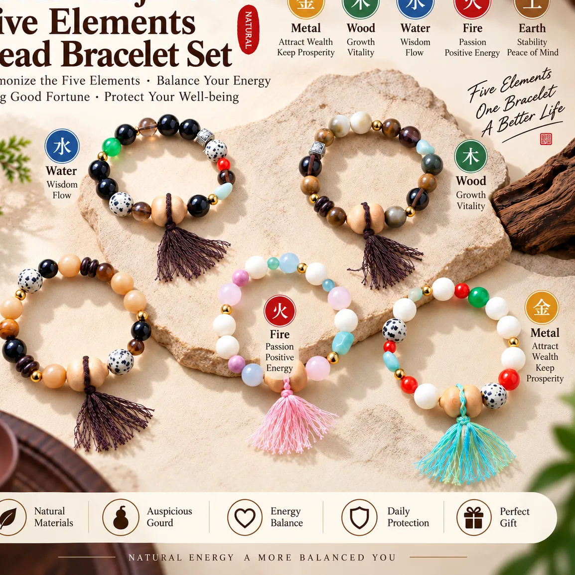 Authentic The Five Elements Harmony Talisman Bodhi, Obsidian & Wood Amulet