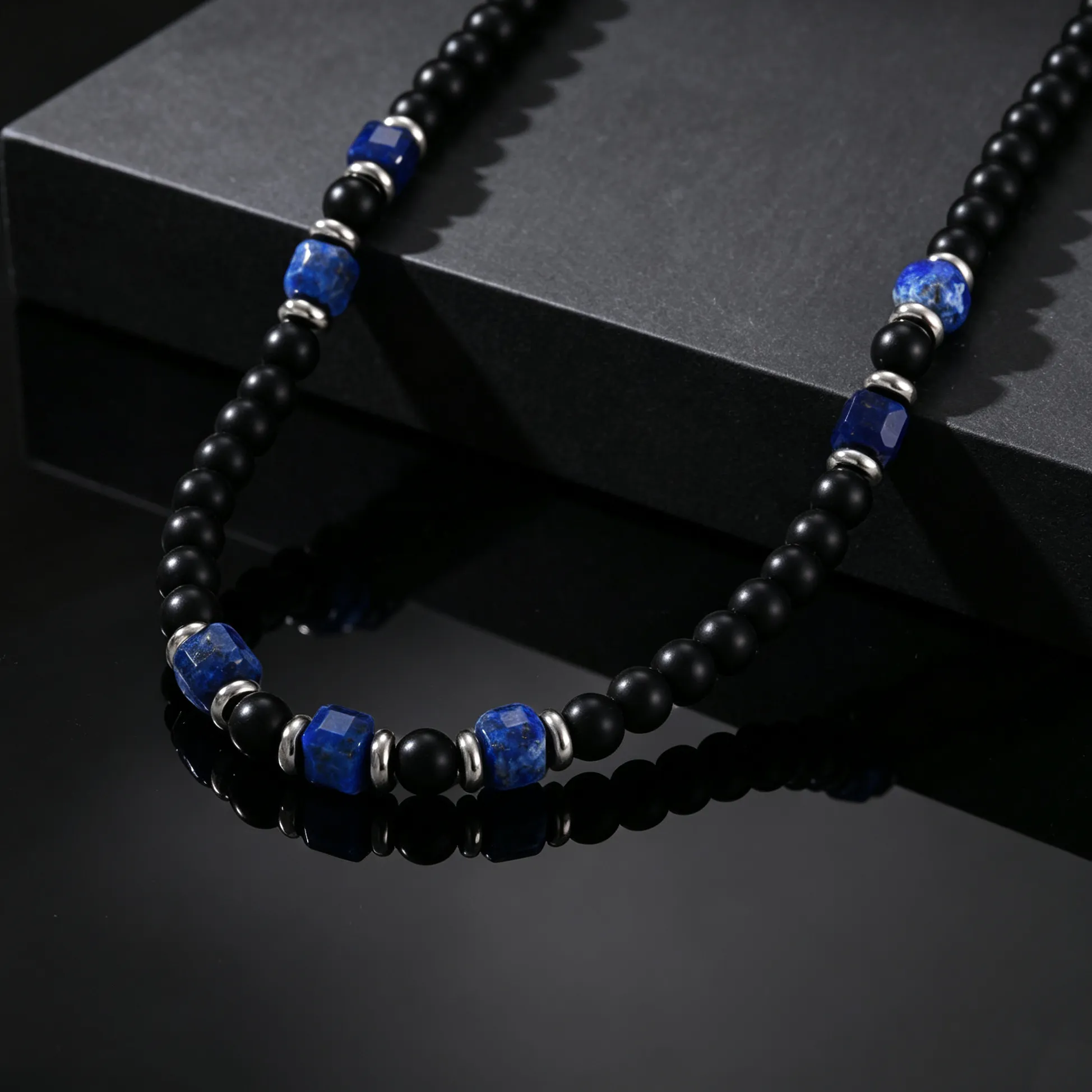 Authentic Bohemian Beaded Necklace, Black Onyx Lapis Lazuli Natural Stone Necklace, Boho Jewelry