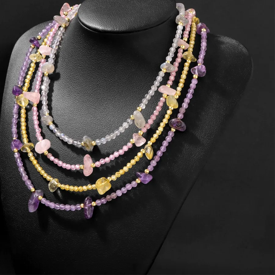 Authentic Boho 3Mm Natural Amethyst Beaded Necklace Irregular Rose Quartz Lapis Lazuli Choker Adjustable Chain Jewelry