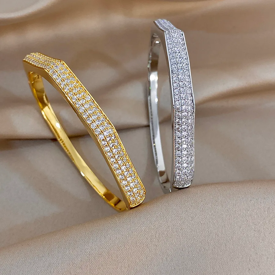 Authentic Exquisite Inlaid Shiny Zircon Bangle Bracelet Design Irregular Geometry Cuff Spring Bangle Jewelry