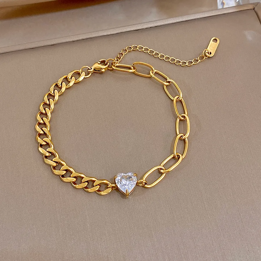 Authentic Cuban Chain Bracelet Minimalism Shiny Heart Shaped Zircon Bracelet Jewelry