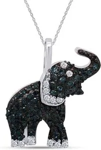 Authentic 1 3Ct Elephant Pendant Blue & White Real Diamond Sterling Silver 18 Necklace