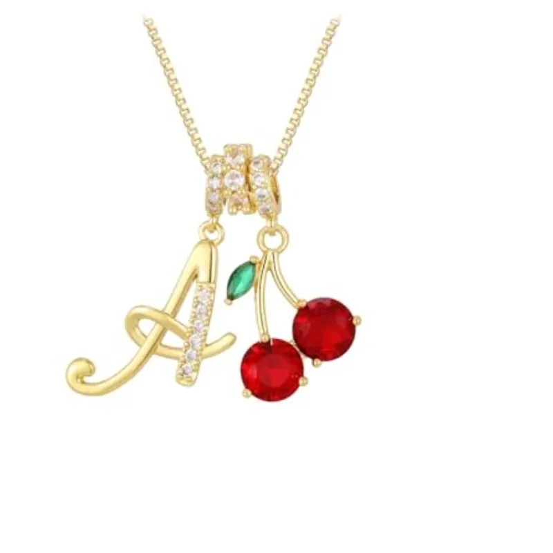 Authentic 14K Gold-Plated Letter A-Z Cute Fruit Alphabet Round Cubic Zirconia Charm Box Chain Personalized Name Statement Gift Jewelry