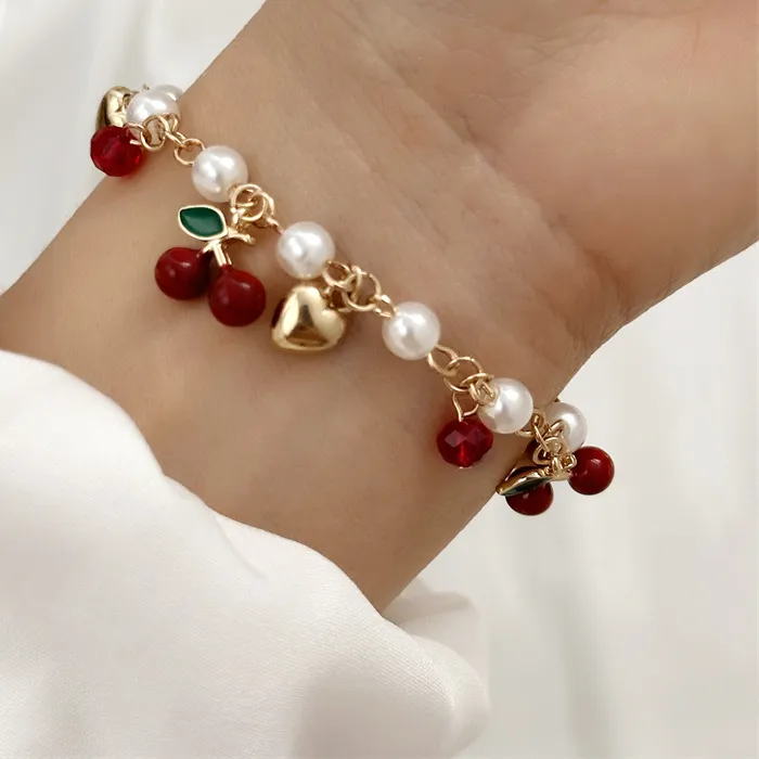 Authentic 2026 New Fashion Y2K Sweet Cute Red Strawberry Cherry Fruit Heart Pearl Charm Bracelet Gold Color Chain Jewelry For Women Ideal Party Holiday Gifts