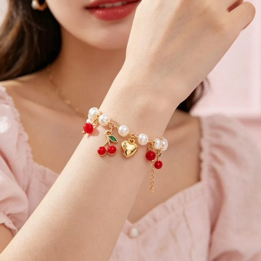 Authentic Sweet Cute Red Cherry Heart Pearl Charm Bracelet for Women Fashion Y2K Fruit Gold Color Chain Bracelet Friendship Jewelry Gifts