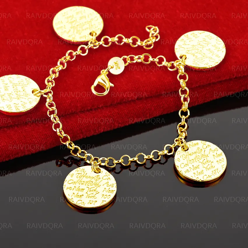 Authentic 18K Gold Plated Round Engraved Pendant Bracelet For Women's Fashion Jewelry Boutique Party Birthday Gift
