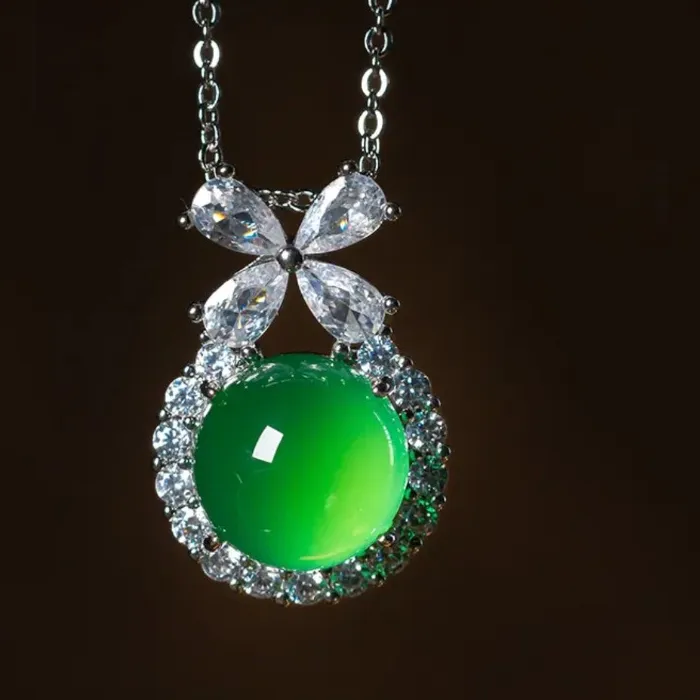 Authentic S925 Silver Natural Real Chalcedony Bow Ballpoint Pendant Jadeite Necklace Jewelry Designer