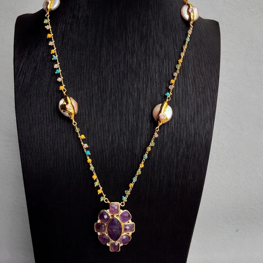 Authentic 35X44Mm Amethyst Pendant Cultured Pink Coin Pearl Green And Yellow Crystal Chain Choker Necklace