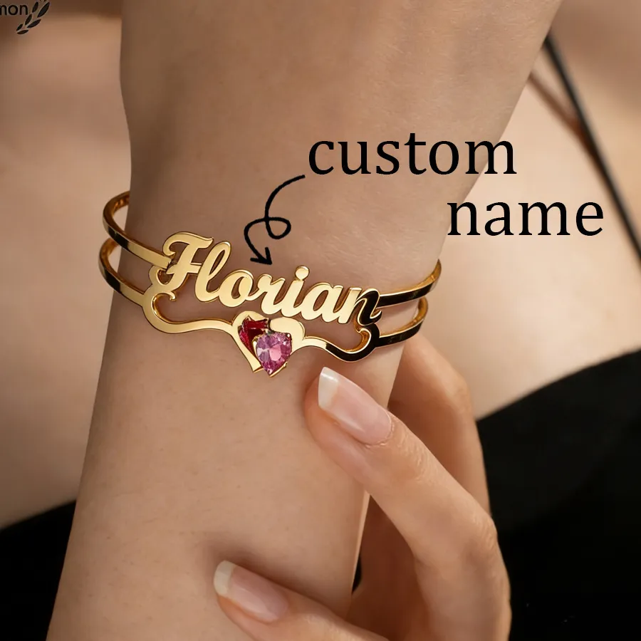 Authentic Diamon Custom Name Birthstone Stone Bangle Personalized Zircon Heart Bracelet Christmas Jewelry