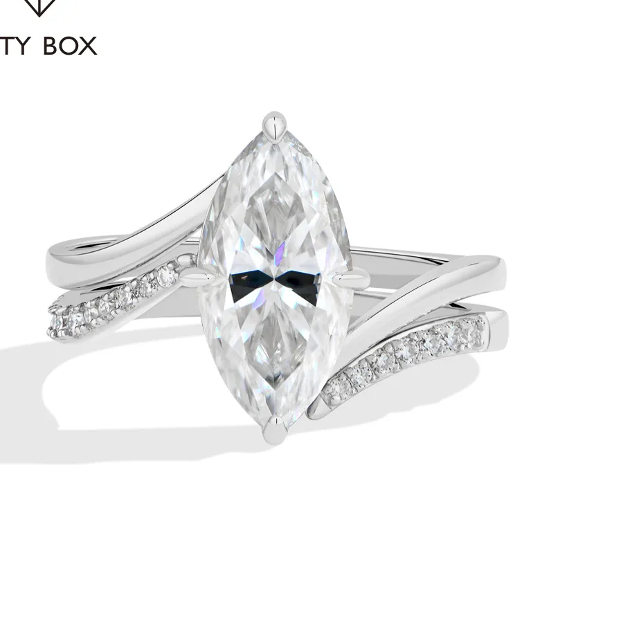 Authentic Mintybox Marquise Cut 3.0Ct Moissanite Rings Curved Split Shank S925 Silver Stackable Ring Jewelry