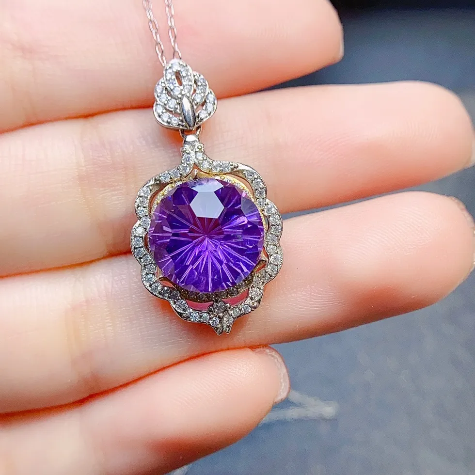 Authentic Fs 12Mm Natural Amethyst Pendant Necklace S925 Pure Silver With Certificate Fine Jewelry Meibapj