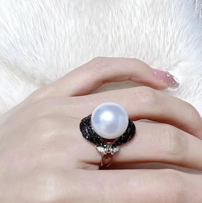 Authentic Meibapj Luxurious 11- 12Mm Big Natural White Pearl Black Ring 925 Silver Fine Jewelry Empty Tray