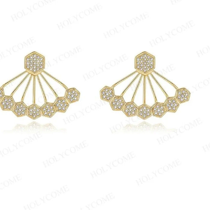 Authentic 925 Sterling Silver Fan Shape Hexagon D Vvs1 Moissanite Stud Earrings Geometric Scallop Fine Jewelry