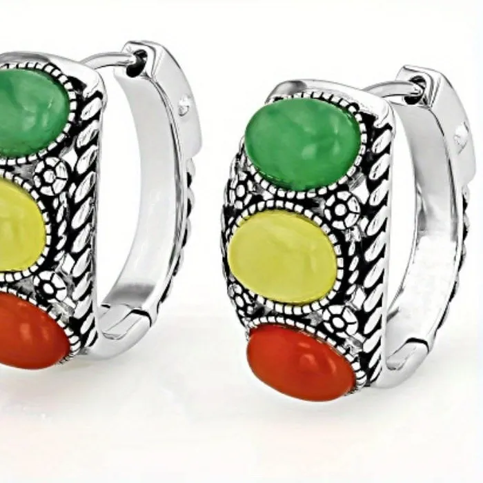 Authentic Ethnic Silver Color Hoops Earrings Oval Inlaid With Green Yellow Red Stones Earrings Woman Jewelry
