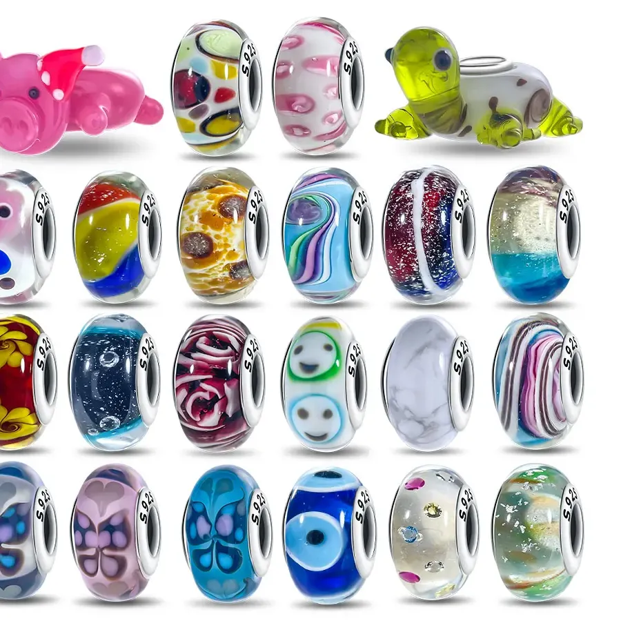 Authentic Original Sterling Silver 925 Shiny Mini Pattern Murano Turtle Rabbit Glass Beads Diy Bracelet Jewelry Making