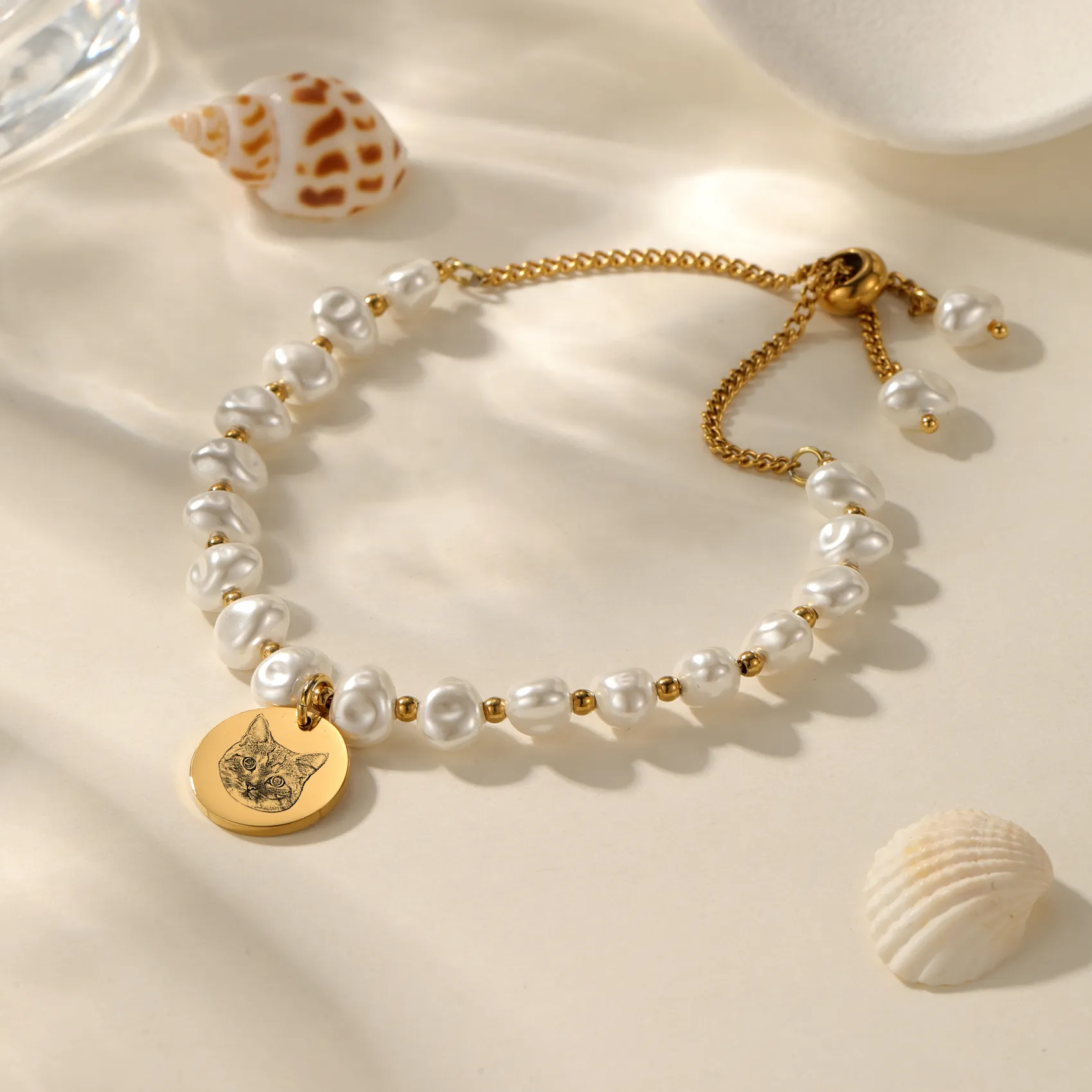Authentic Custom Pet Portrait Name Bracelet Adjustable Irregular Freshwater Pearl Bracelet Pendant Personalized Jewelry For Dog Cat Mom