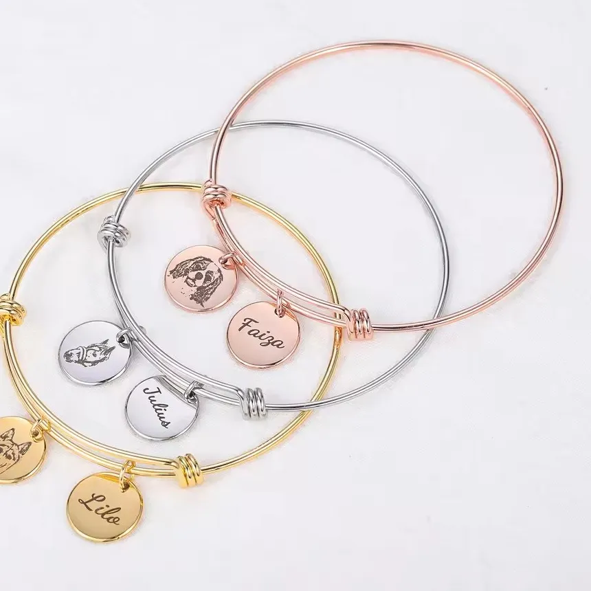 Authentic Dascusto Custom Personalized Pet Photo Name Bracelet Animal Cat Dog Disc Bangle Customizable Pet Jewelry For Wo