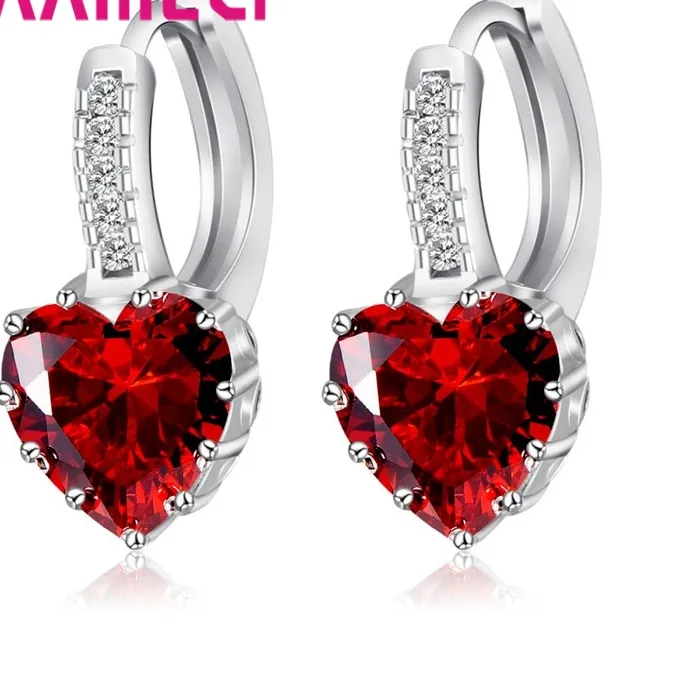 Authentic Romantic Heart Crystal Loop Lever Back Earring Austrian Cubic Zircon 925 Sterling Silver Hoop Jewelry