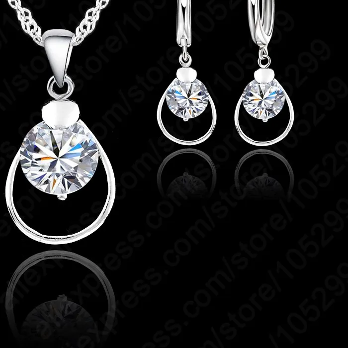 Authentic 925 Sterling Silver Color Swiss Cz Crystal Lever Back Loop Earring Pendant Necklace Woman Bridal Jewelry Sets
