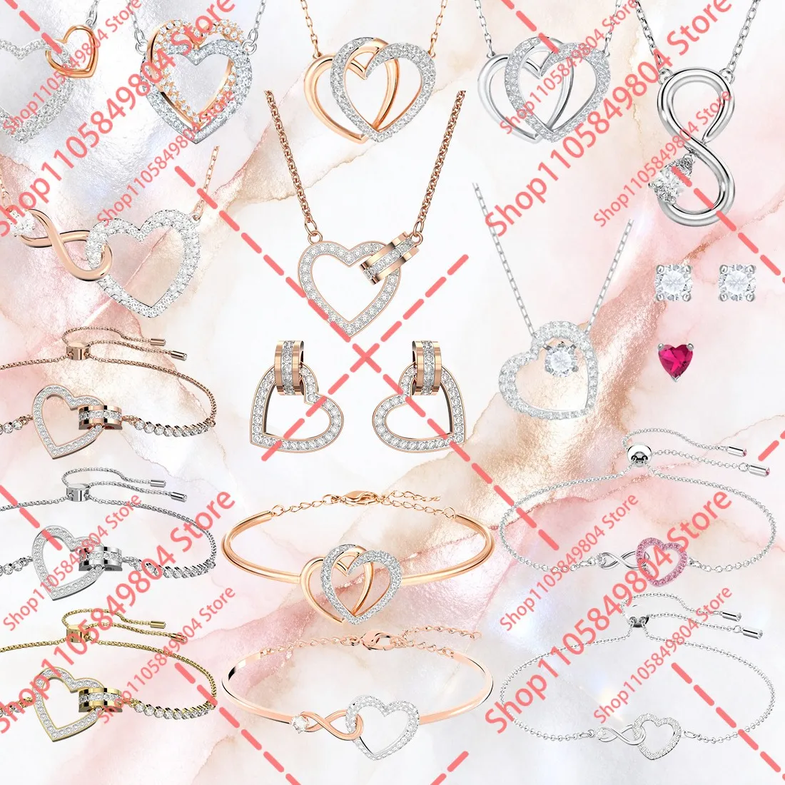 Authentic Romantic Infinity Heart Jewelry Collection, Matching Necklace Earrings Bracelet For Celebration &