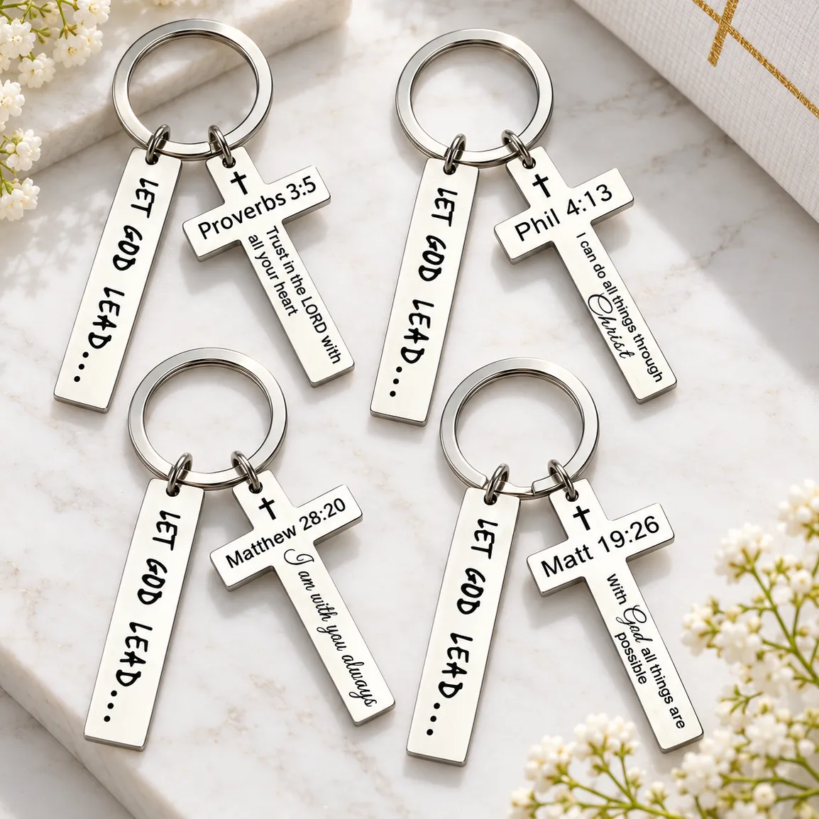 Inspirational Christian Keychain, Cross Bible Verse Engraved Key Ring, Religious Faith, Bag Pendant Accessory