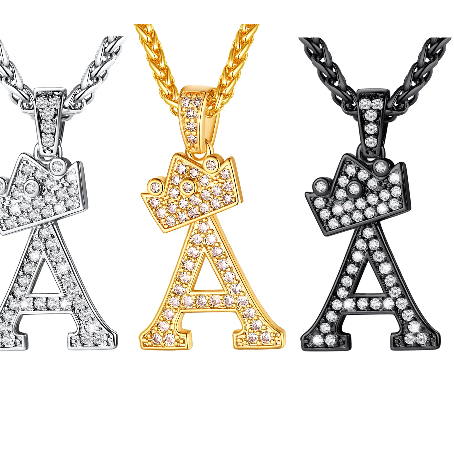 Authentic U7 A White Cz Crown 26 Initial Letters Necklaces For Man 3Mm Link Chain Hip Hop Name Jewelry