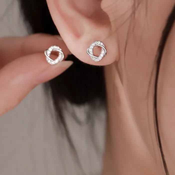 Authentic 925 Sterling Silver Inlaid Tiny Zircon Hollowed- Out Circular Stud Earrings For Woman Geometry Screw Beads Jewelry