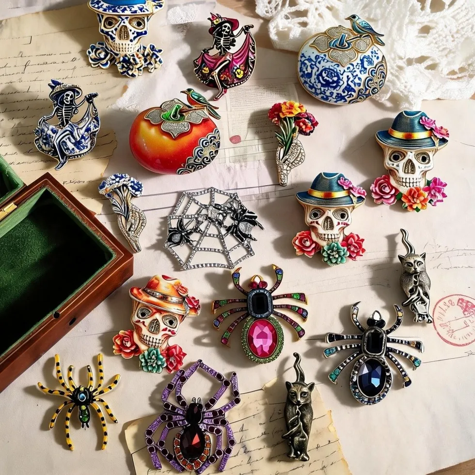 Authentic Gothic Enamel Brooch Skull Spider Animal Crystal Rhinestone Lapel Pin Costume Jewelry For