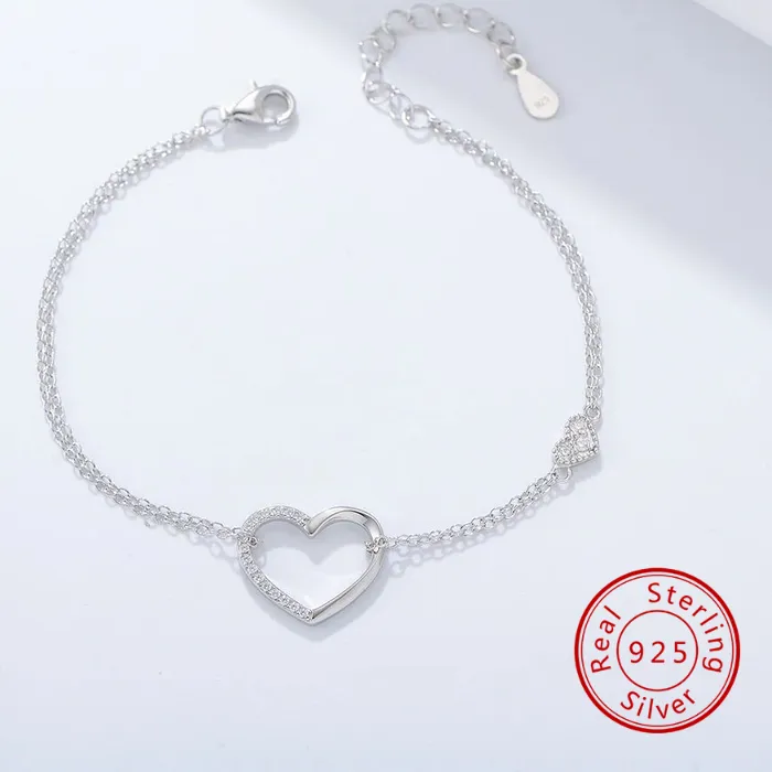 Authentic 925 Sterling Silver Gold Rhodium Plated Double Open Heart Pave CZ Thin Bracelet Women Dainty Romantic Love Stackable Jewelry