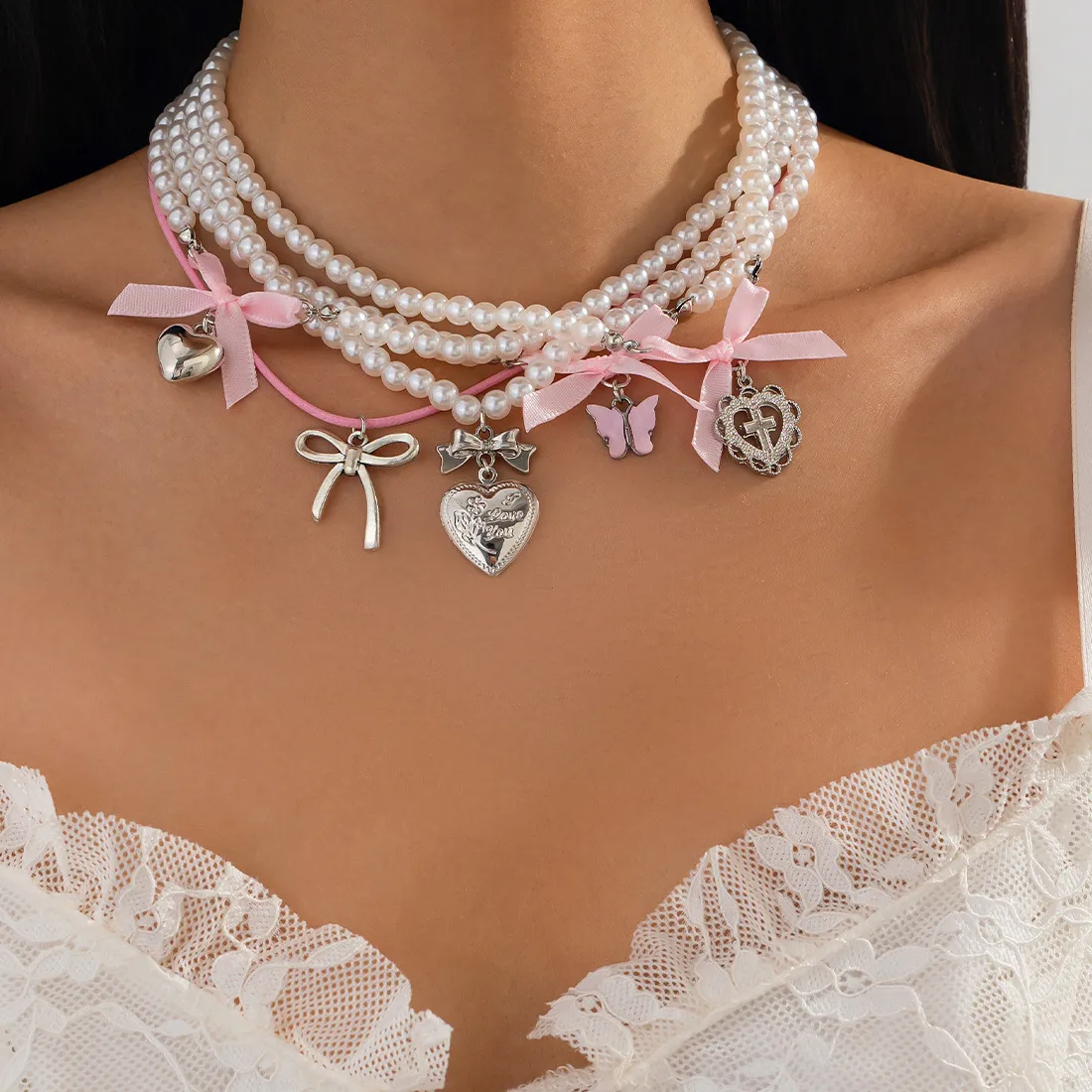 Authentic Necklace Heart Butterfly Bow Faux Pearl with Gold Tone Adjustable Chain for Women Stackable Daily Wear Cute Charm Necklaces