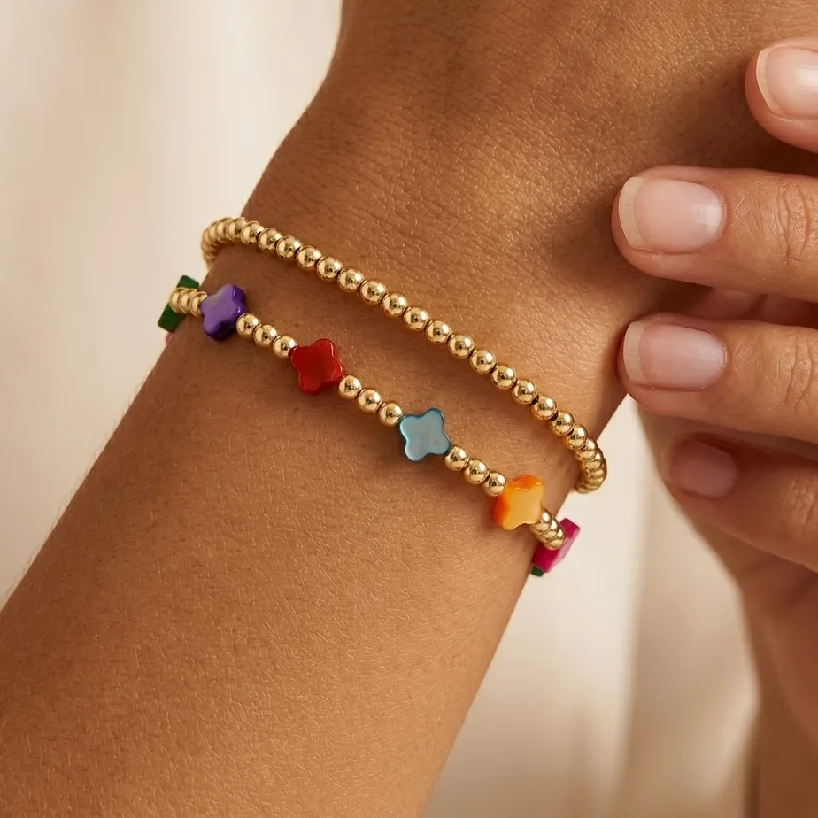 Authentic 2pcs Layered Gold Color Copper Beaded Bracelet with Colorful Clover Charms Trendy Stackable Bracelet for Women Gift for Her
