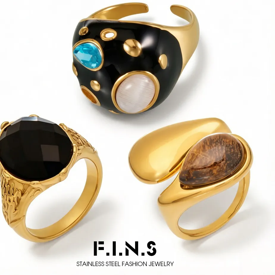 Authentic F.i.n.s Tiger Eye Stone Rings Black Glass Stone Waterproof Finger Waterproof Jewelry