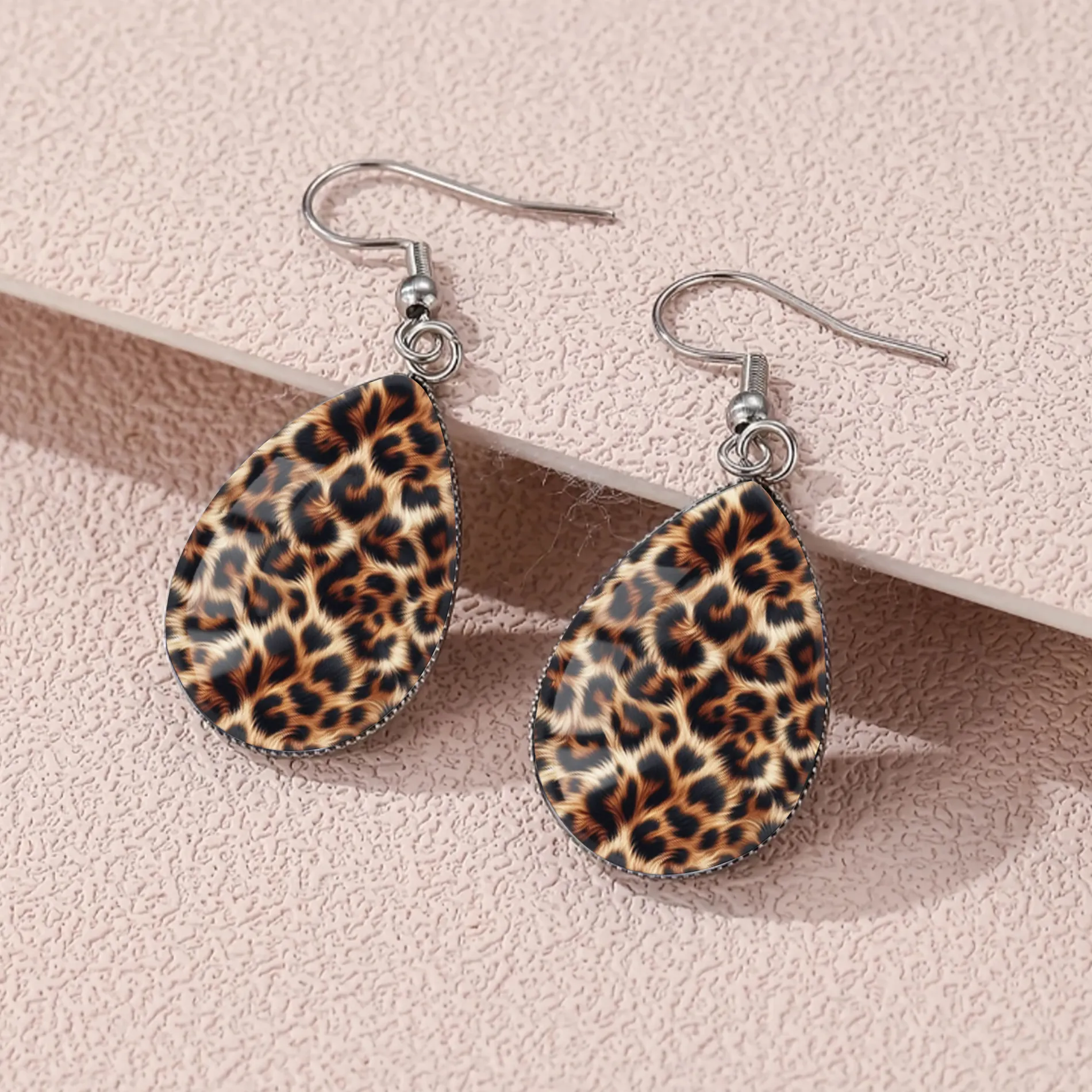 Authentic 1 Pair Of Simulated Leopard Print Pattern Earrings With Convex Glass And 316 Teardrop Ear Hooks, In A Classic And Style, Suitable To Wear As Jewelry Or For Everyday Wear
