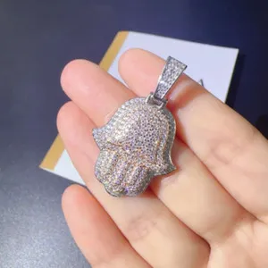 Authentic Hiphop Iced Real Moissanite Hamsa Pendant 925 Sterling Silver D Color Moissanite